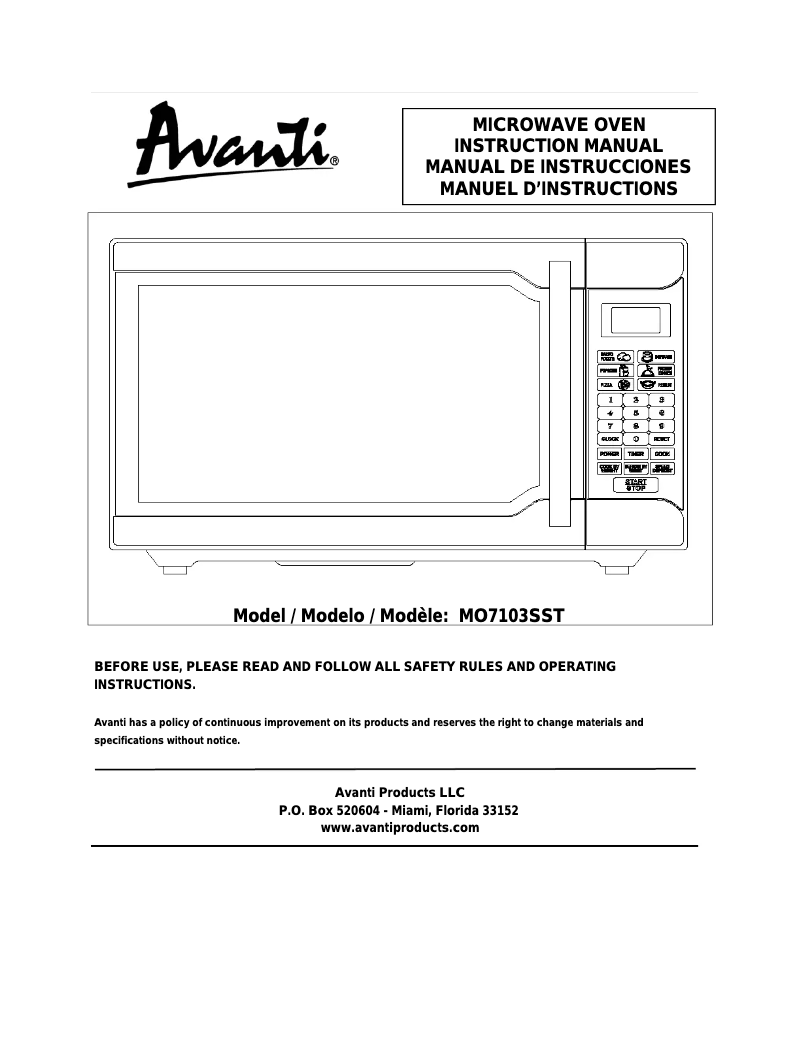 Page n°1 - Manuel utilisateur Avanti MO7103SST