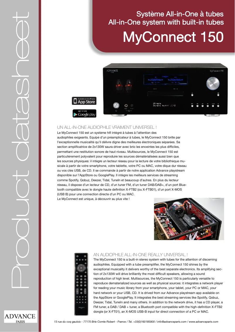 Page 1 de la notice Fiche technique Advance MyConnect 150