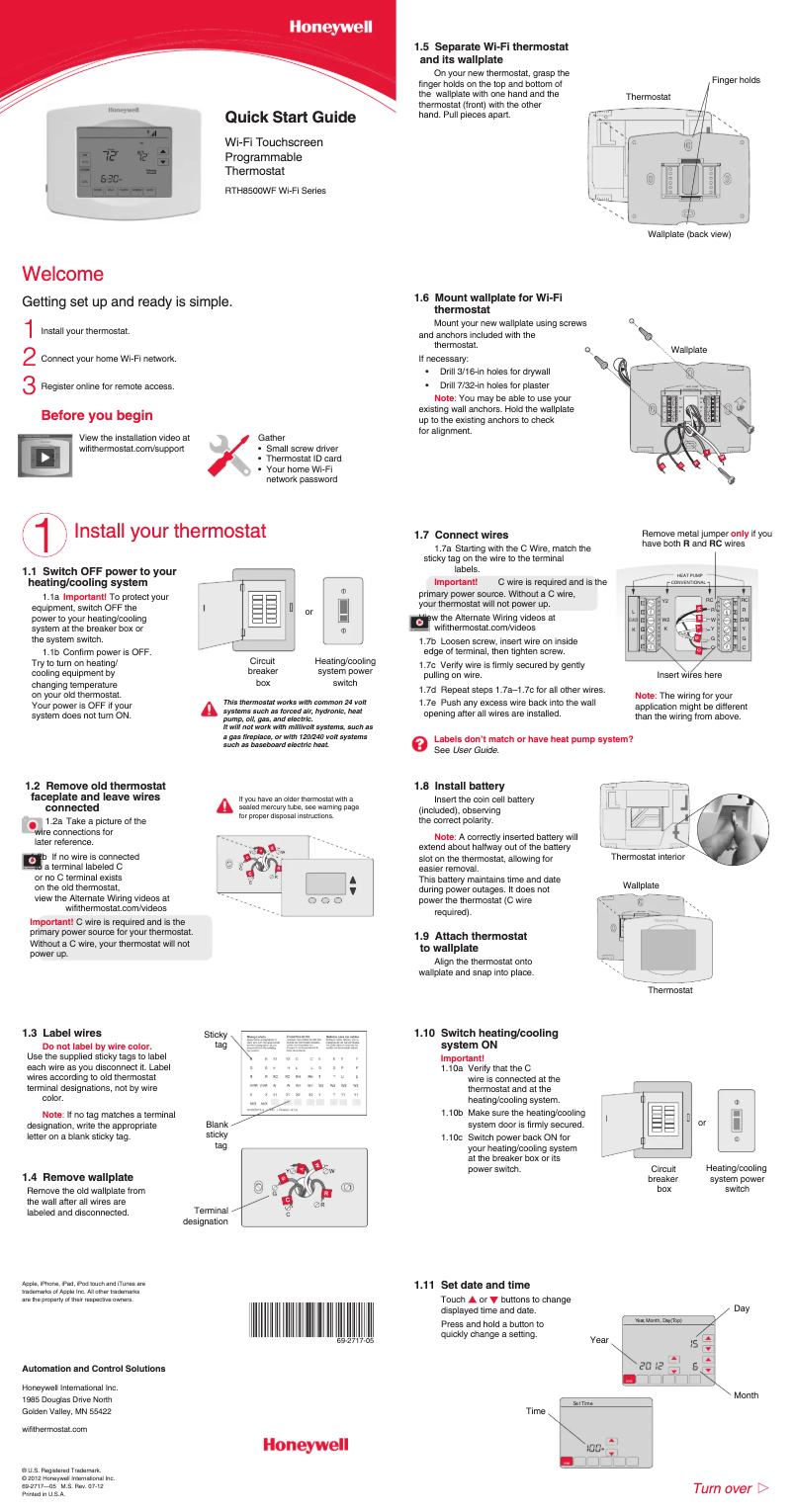 Page n°1 - Instructions / montage Honeywell RTH8580WF