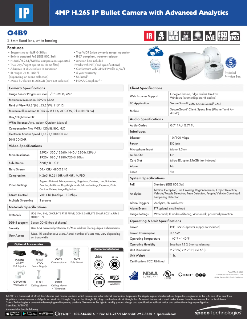 Page 1 de la notice Fiche technique Speco Technologies O4B9