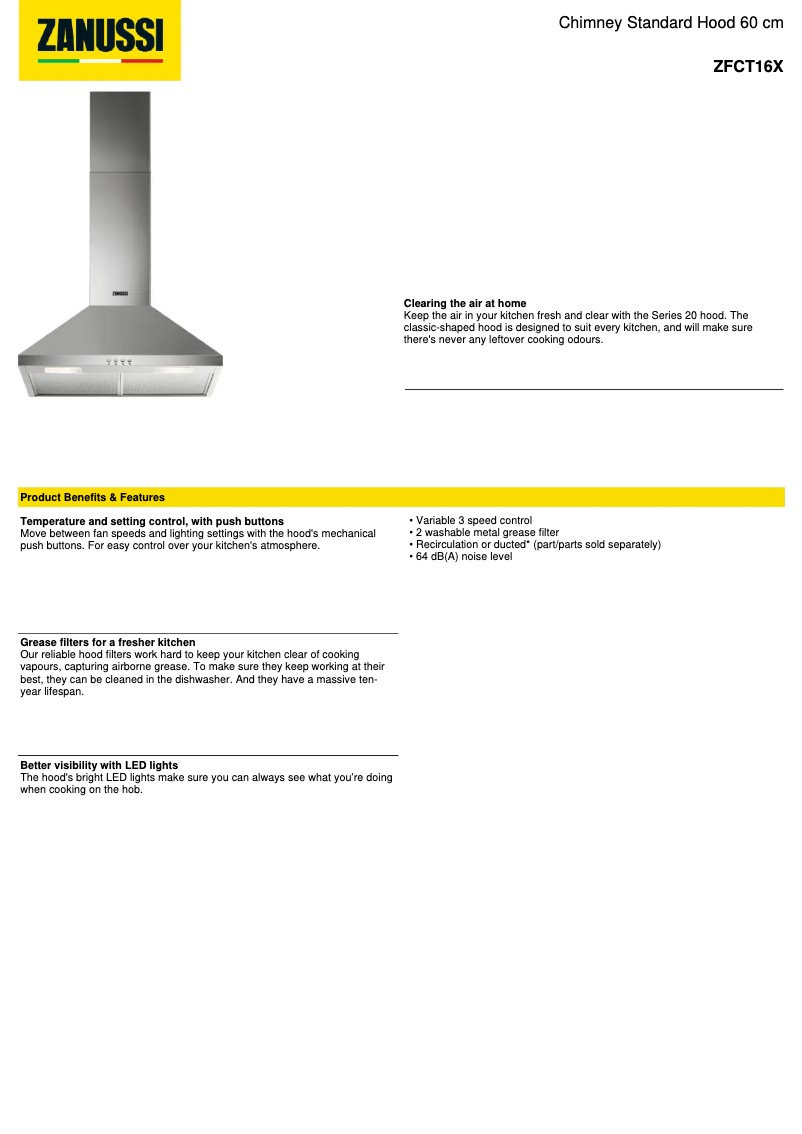 Page 1 de la notice Fiche technique Zanussi ZFCT16X