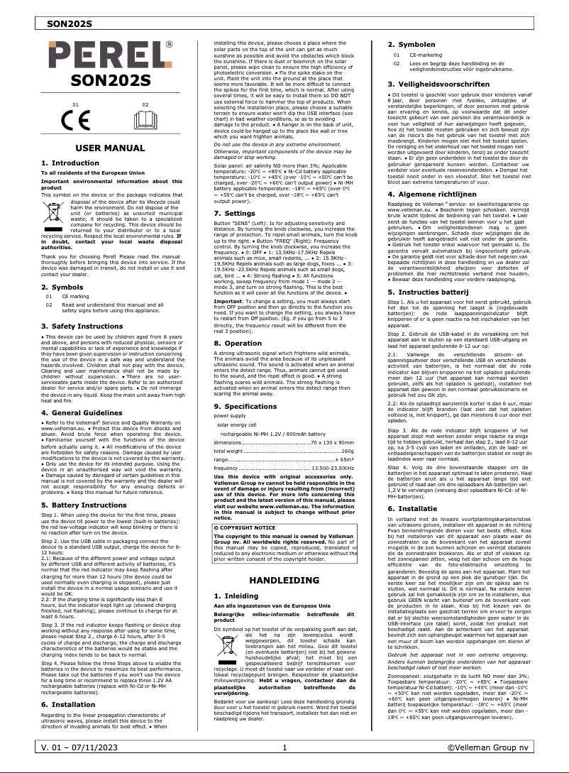 Page n°1 - Manuel utilisateur Perel SON202S