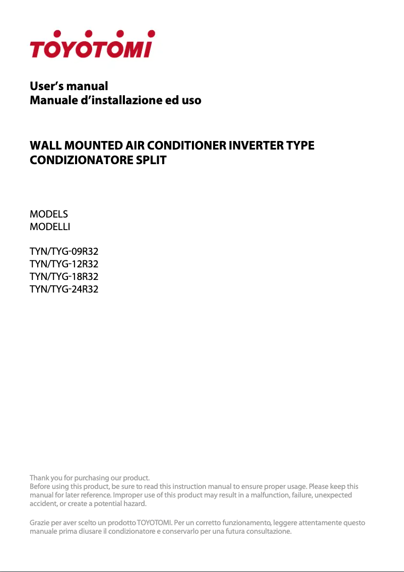 Page n°1 - Manuel utilisateur Toyotomi TYN/TYG-09R32