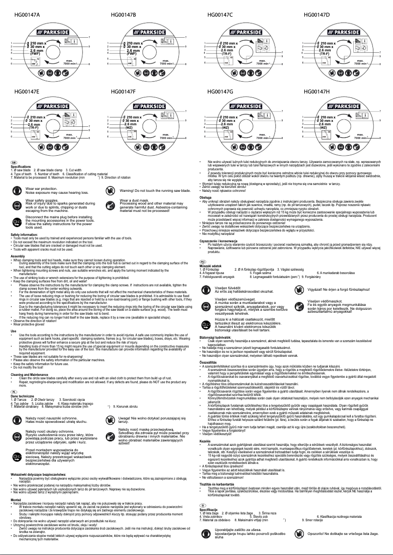 Page n°1 - Manuel utilisateur Parkside HG00147A