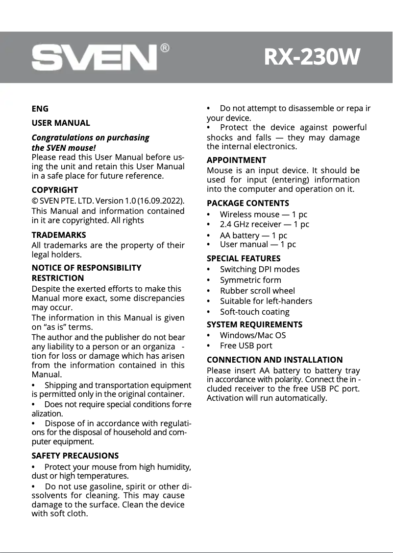 Page 1 de la notice Manuel utilisateur Sven RX-230W