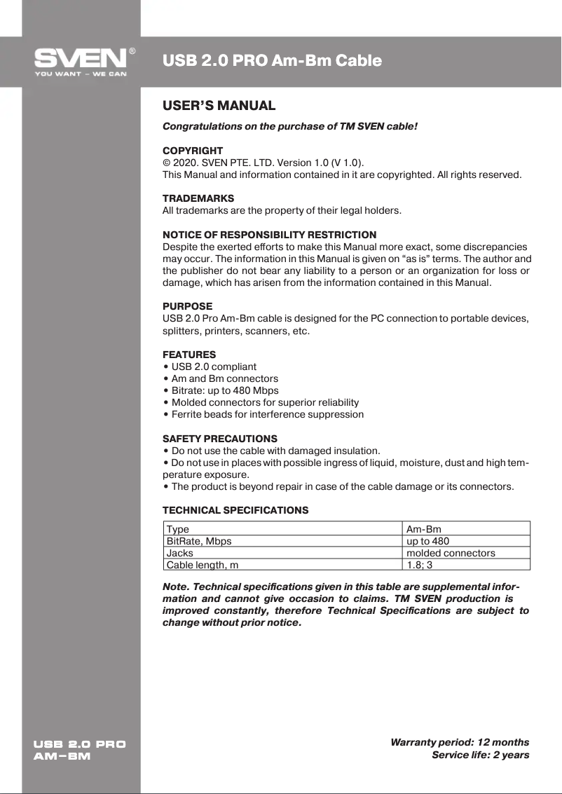 Image de la première page du manuel de l'appareil USB 2.0 PRO AM-BM