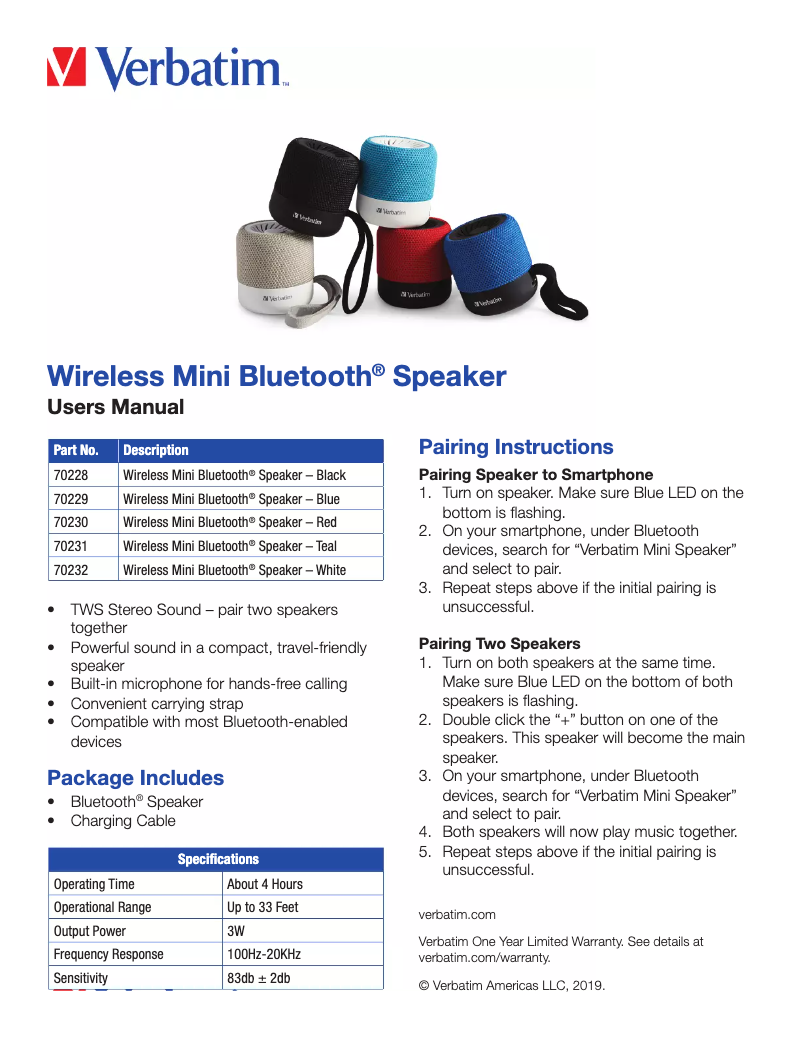 Page 1 de la notice Manuel utilisateur Verbatim Wireless Cube Bluetooth 70228