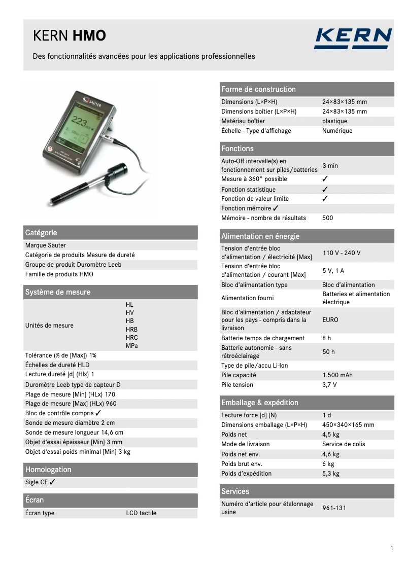 Page 1 de la notice Fiche technique Kern HMO