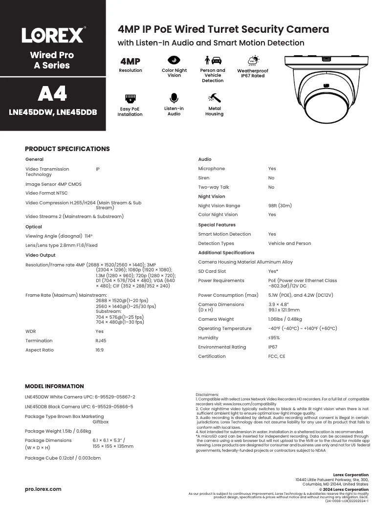 Página 1 del manual Ficha técnica Lorex LNE45DDB