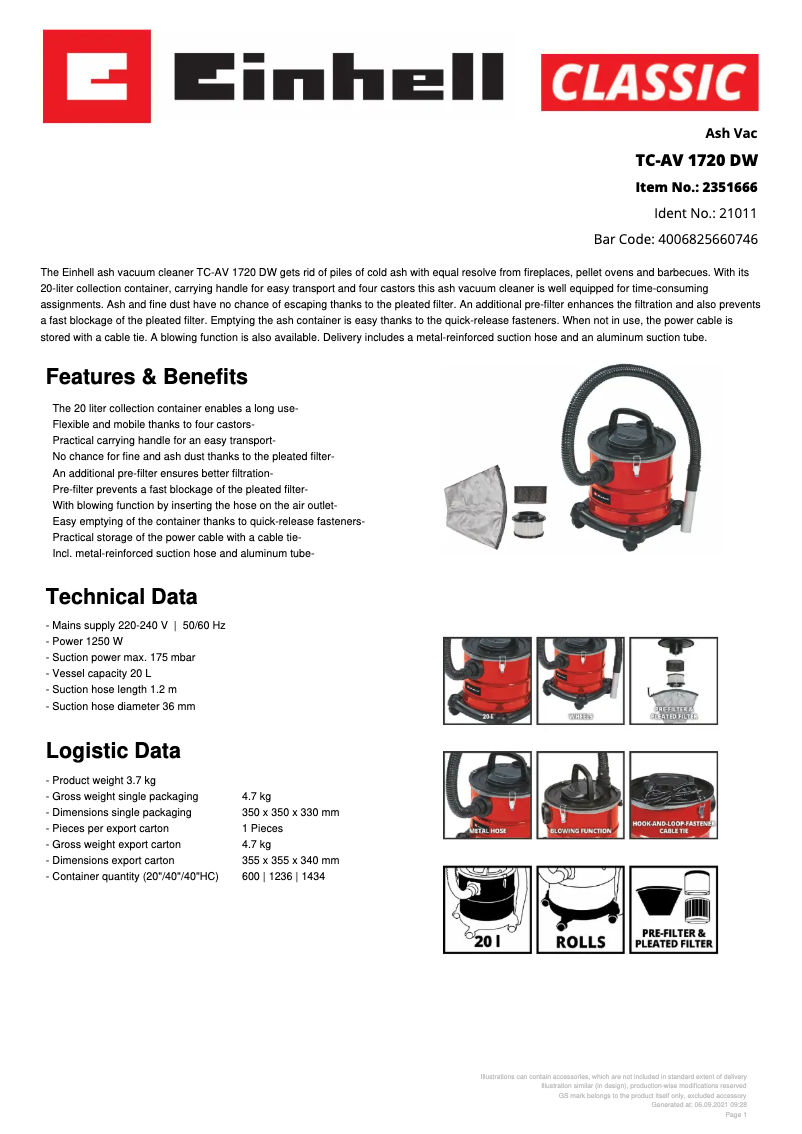Page n°1 - Fiche technique Einhell TC-AV 1720 DW