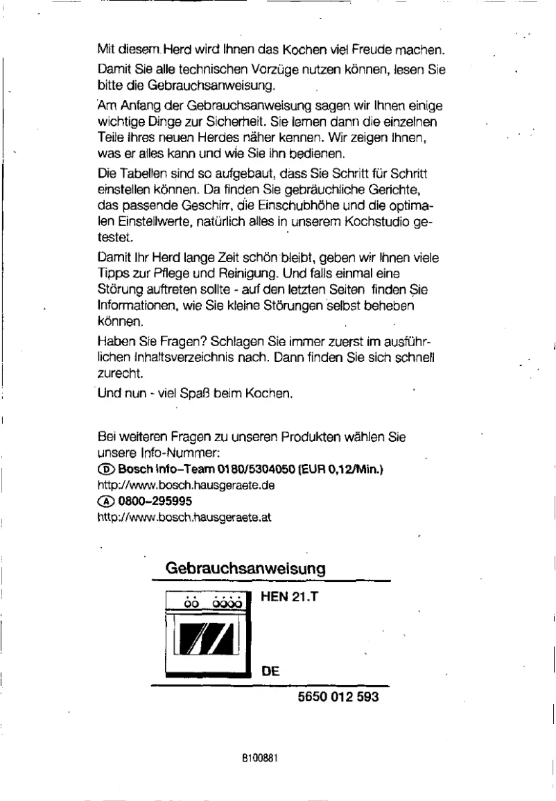 Page 1 de la notice Manuel utilisateur Bosch HEN21245G