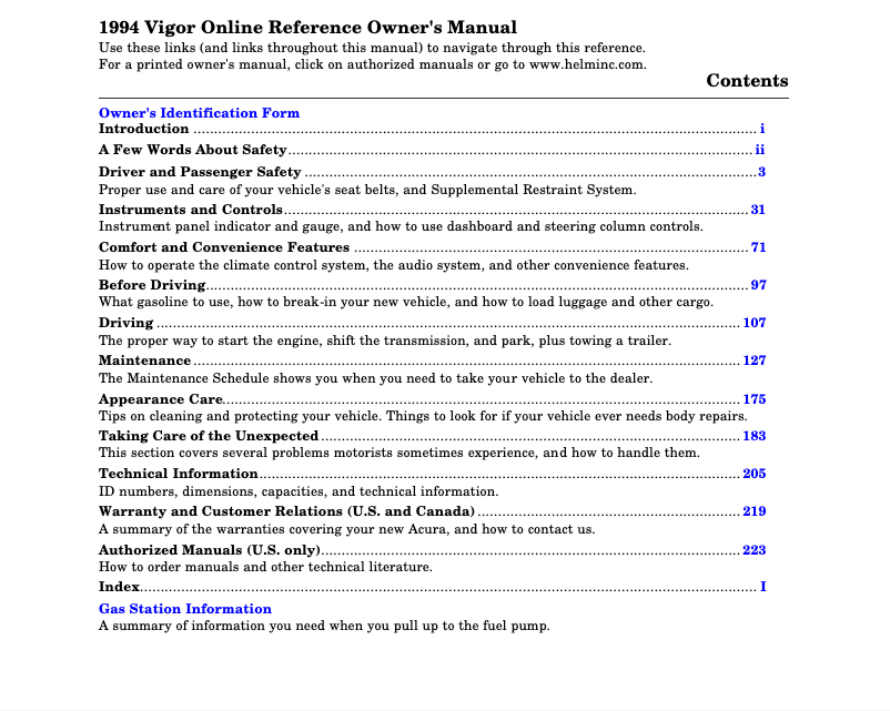 Page 1 de la notice Manuel utilisateur Acura Vigor (1994)