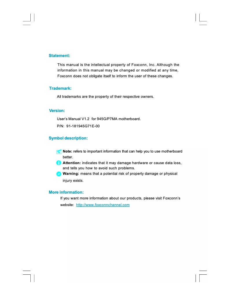 Page 1 de la notice Manuel utilisateur Foxconn 945G7MA-8KS2