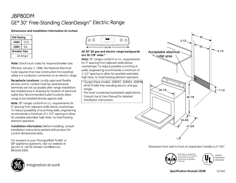 Page n°1 - Fiche technique GE JBP80DMCC