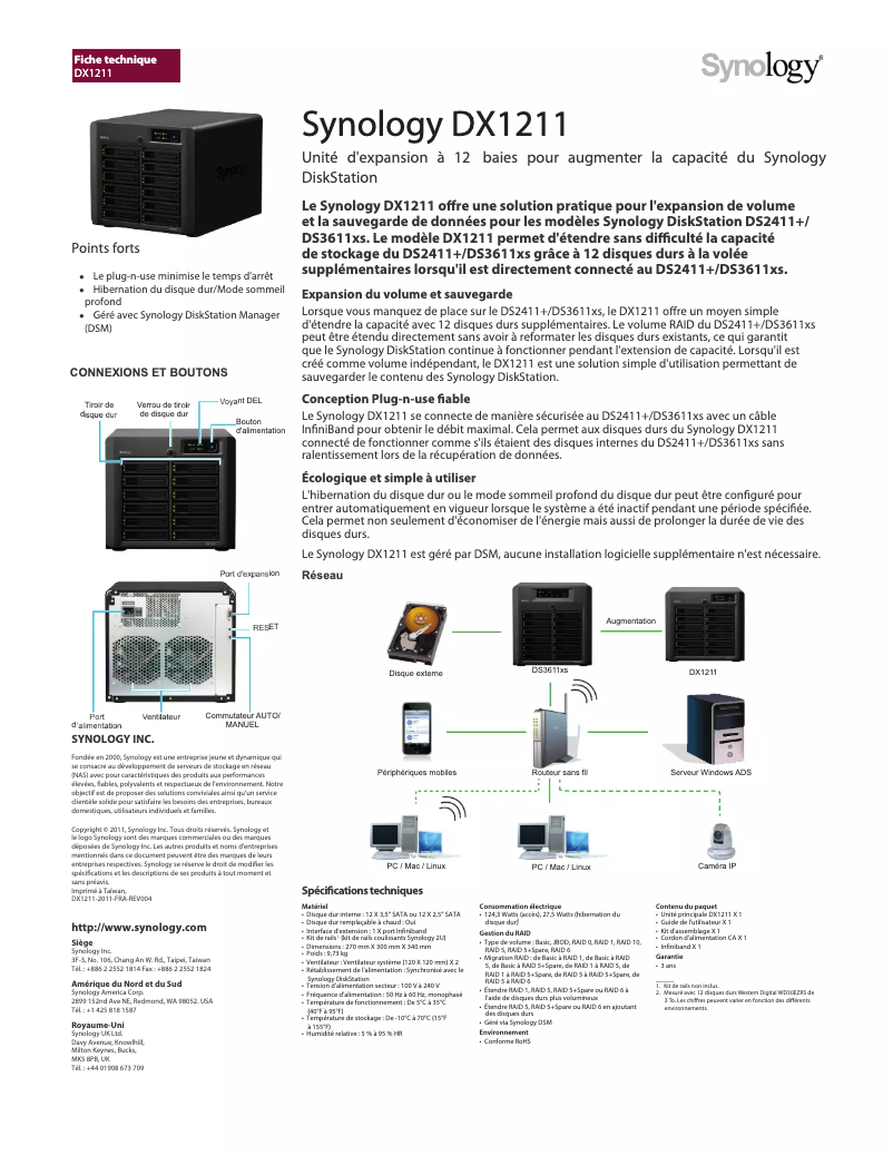 Page 1 de la notice Fiche technique Synology DX1211