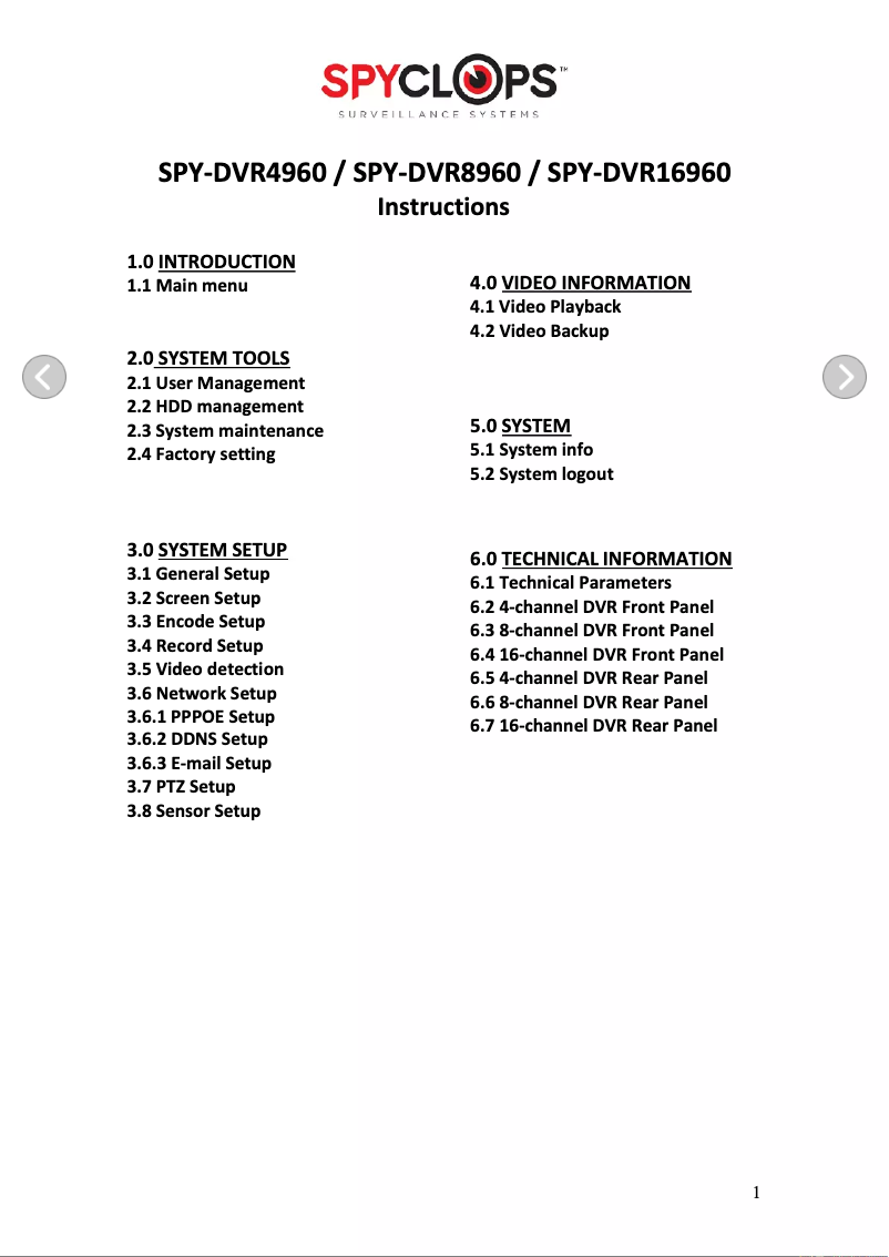 Image de la première page du manuel de l'appareil SPY-DVR4960