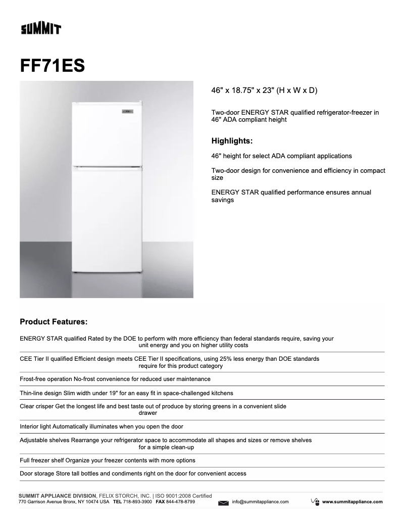 Page 1 de la notice Fiche technique Summit FF71ES