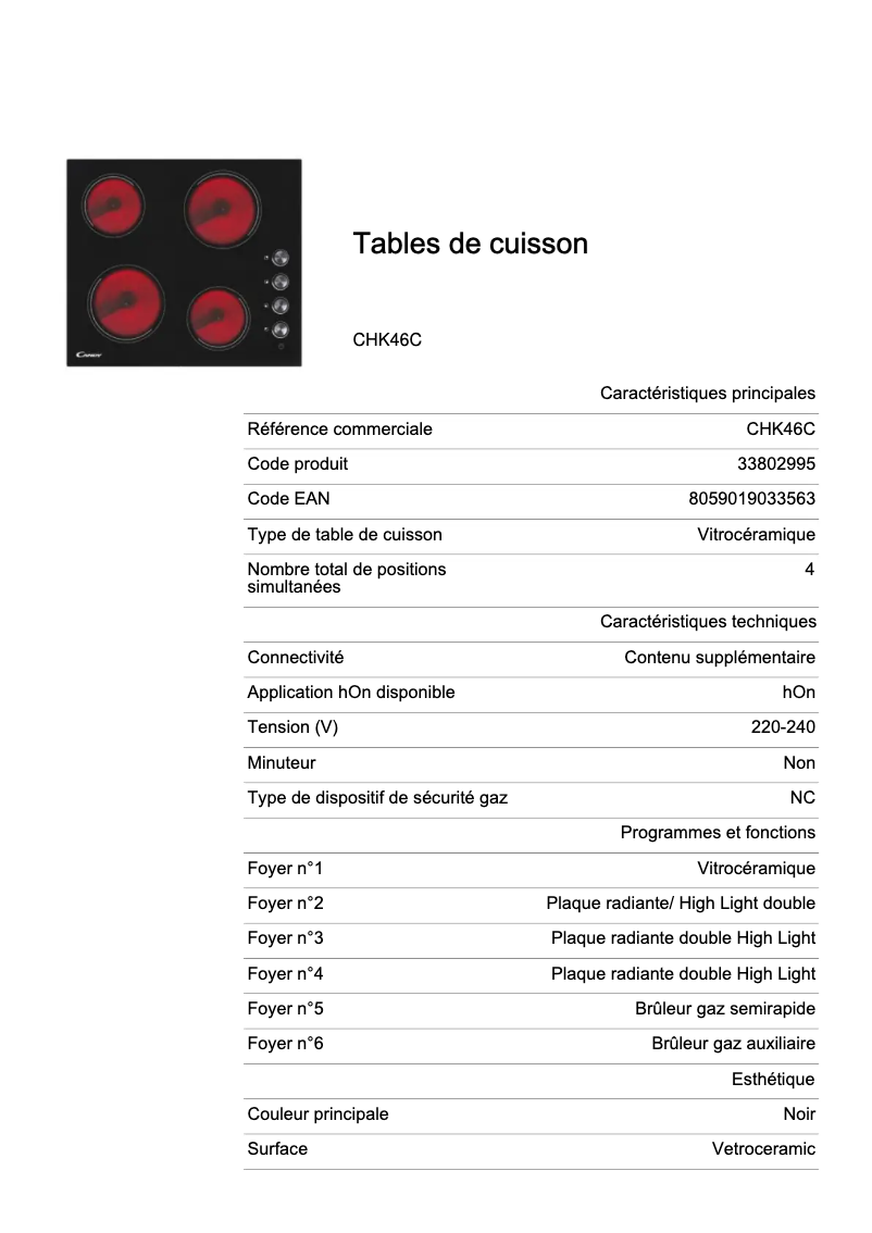 Page n°1 - Fiche technique Candy CHK46C