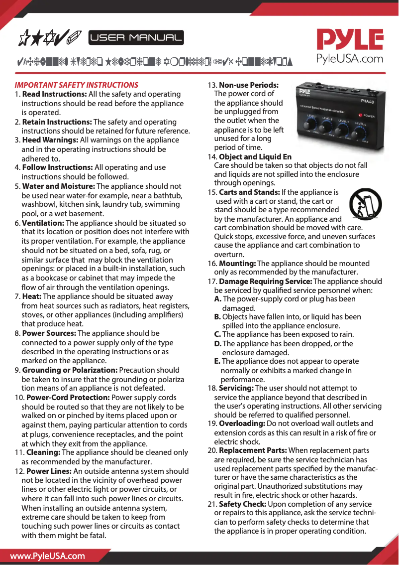 Page 1 de la notice Manuel utilisateur Pyle PHA40