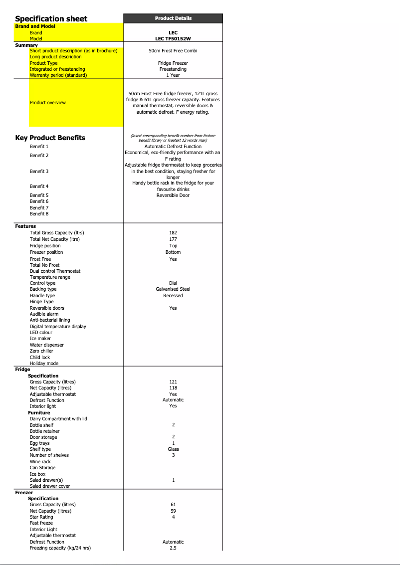 Page 1 de la notice Fiche technique LEC TF50152