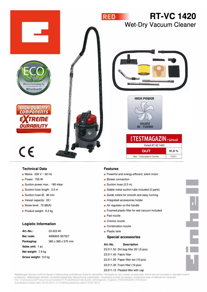 Page 1 de la notice Fiche technique Einhell RT-VC 1420