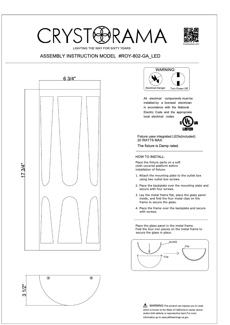 Page 1 de la notice Manuel utilisateur Crystorama Royston ROY-802-GA_LED