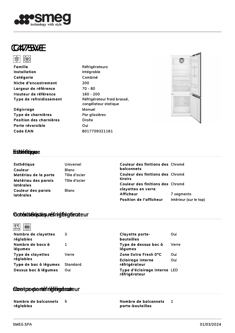Page 1 de la notice Fiche technique Smeg C475VE