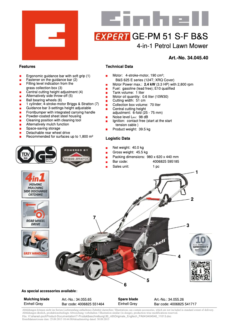Page 1 de la notice Manuel utilisateur Einhell GE-PM 51 S-F B&S