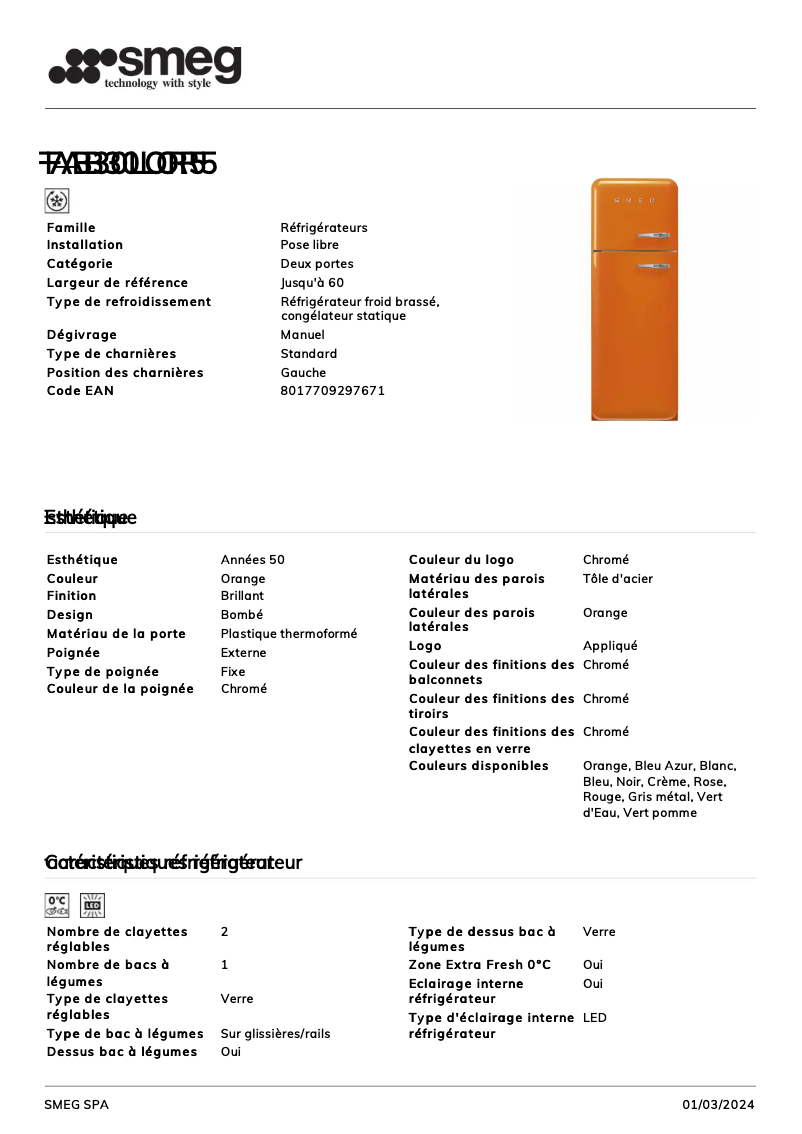 Page 1 de la notice Fiche technique Smeg FAB30LOR5