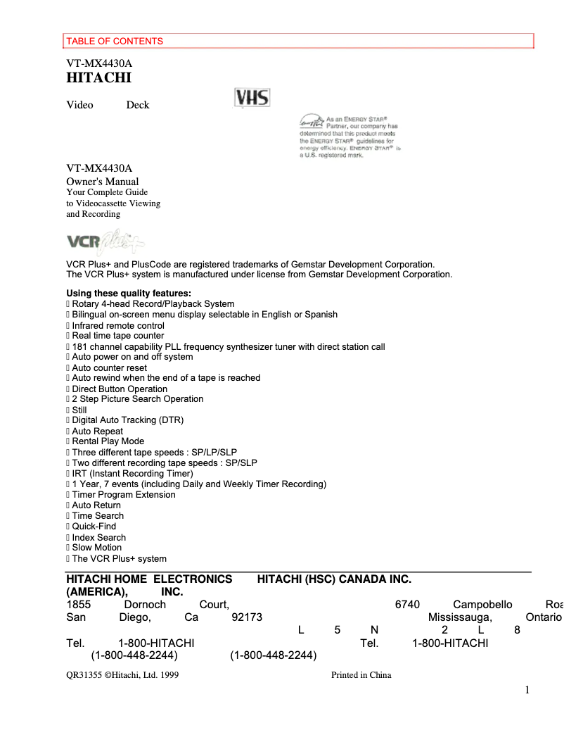 Page 1 de la notice Manuel utilisateur Hitachi VT-MX4430A