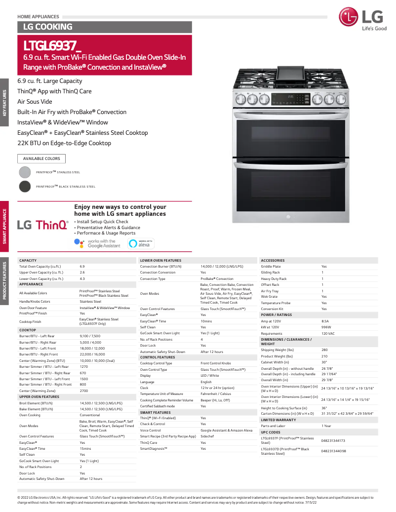 Page 1 de la notice Fiche technique LG LTGL6937F
