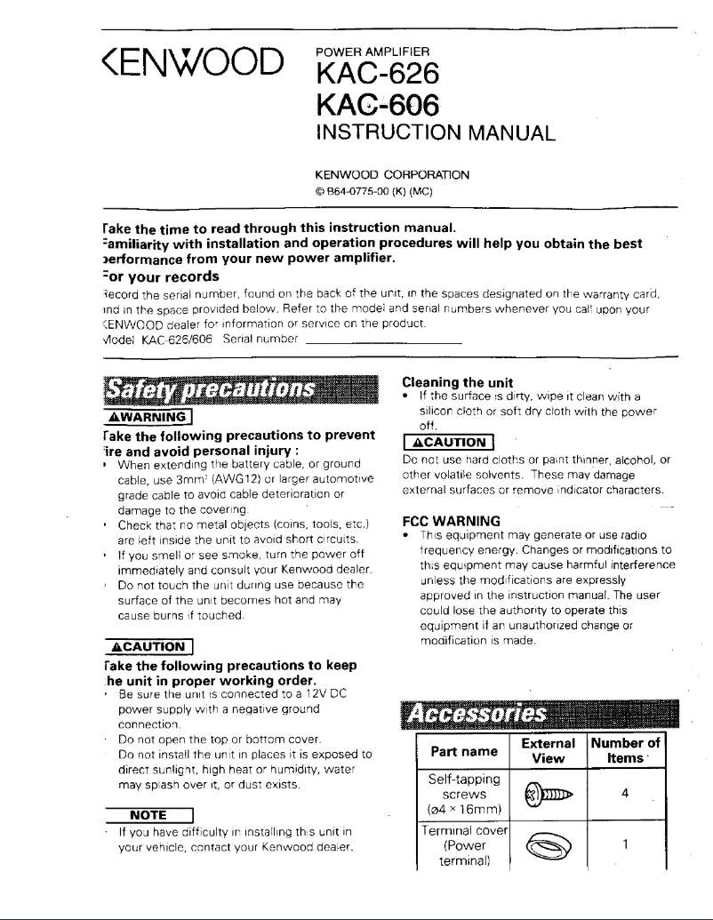 Page 1 de la notice Manuel utilisateur Kenwood KAC-626
