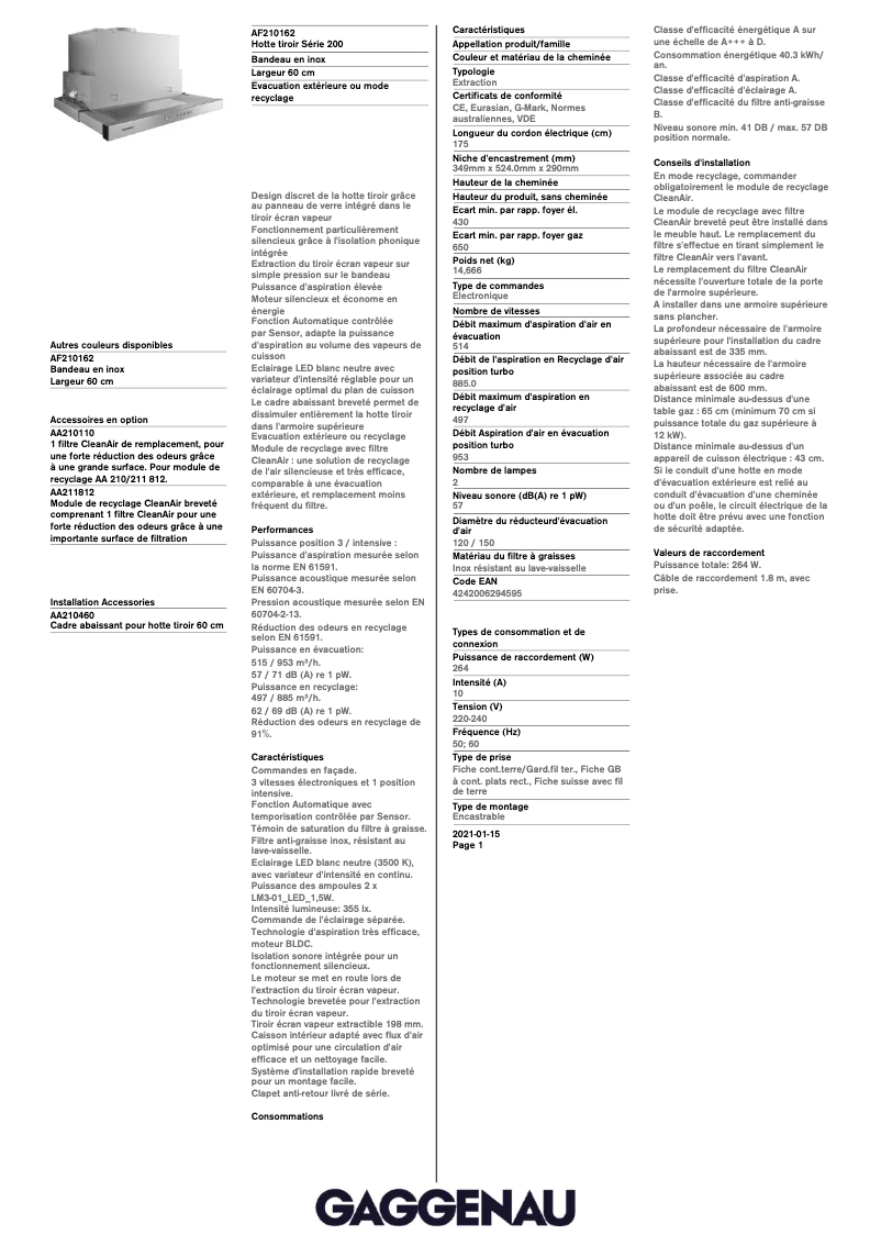 Page 1 de la notice Fiche technique Gaggenau AF210162