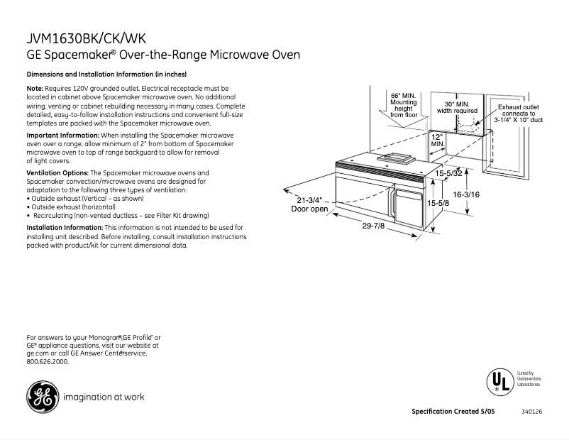 Página 1 del manual Ficha técnica GE JVM1630CK