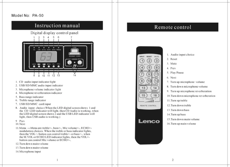Página 1 del manual Manual de usuario Lenco PA-50