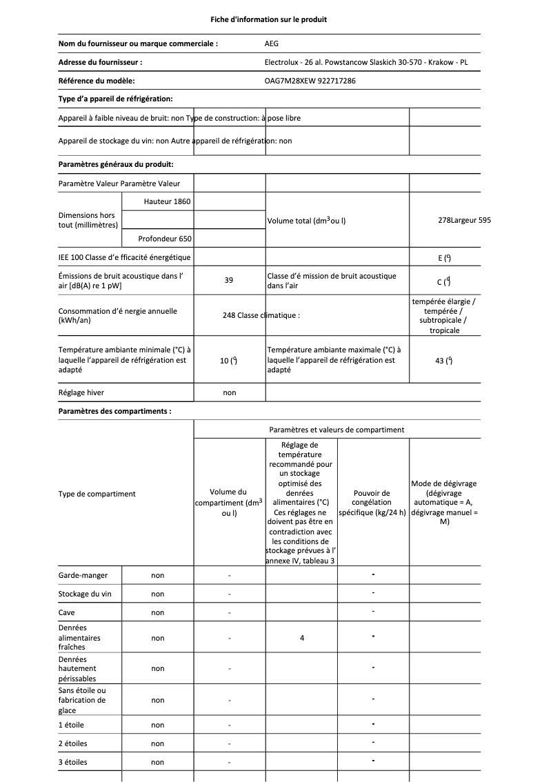 Page 1 de la notice Fiche technique AEG OAG7M28XEW