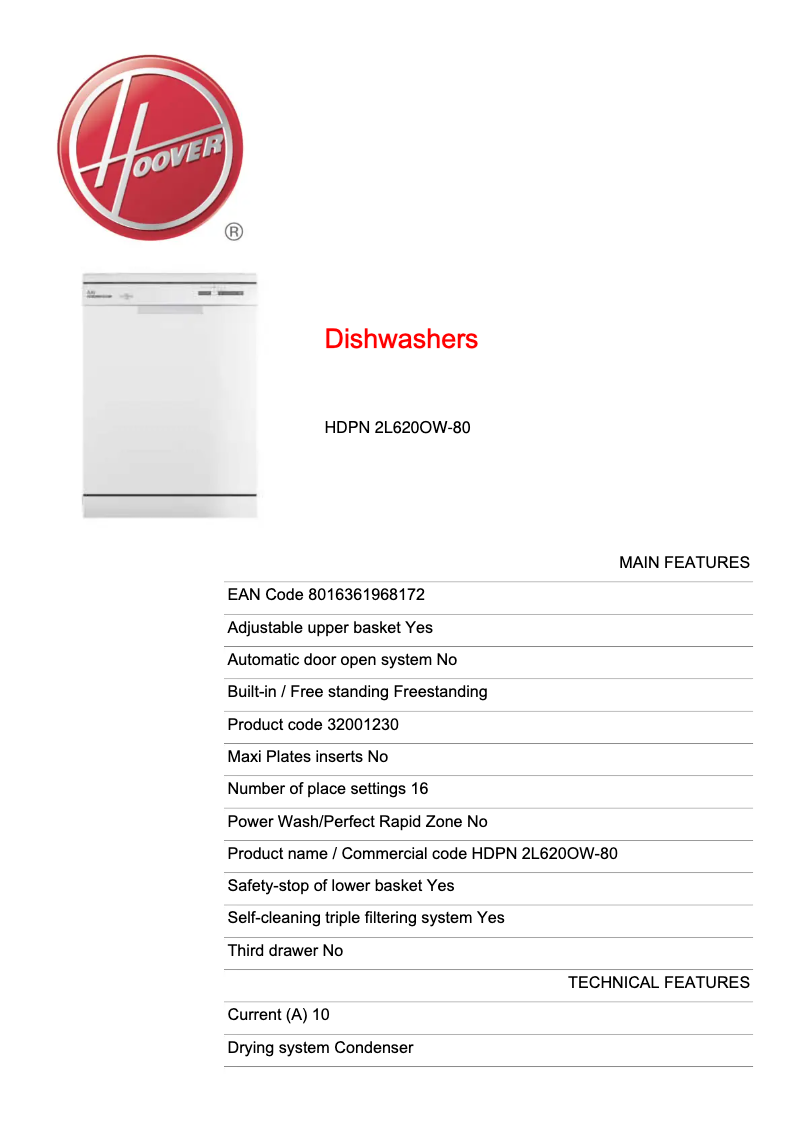 Página 1 del manual Ficha técnica Hoover HDPN 2L620OW-80