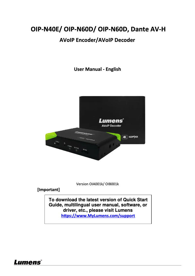 Page n°1 - Manuel utilisateur Lumens OIP-N60D