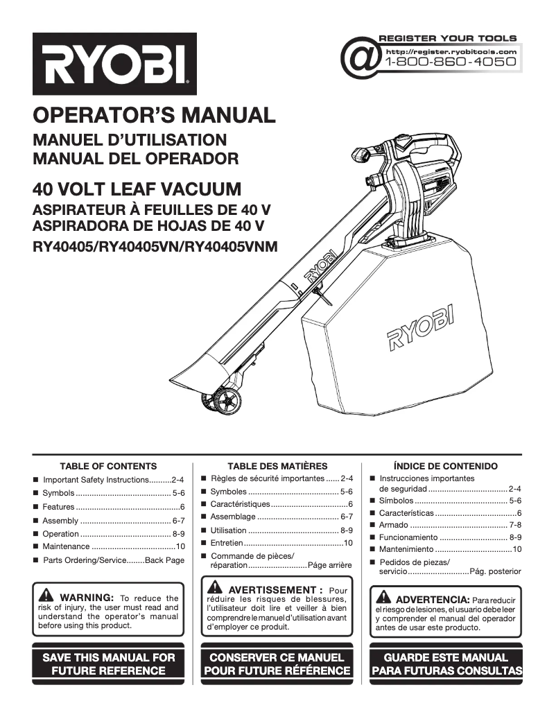 Page 1 de la notice Manuel utilisateur RYOBI RY40451