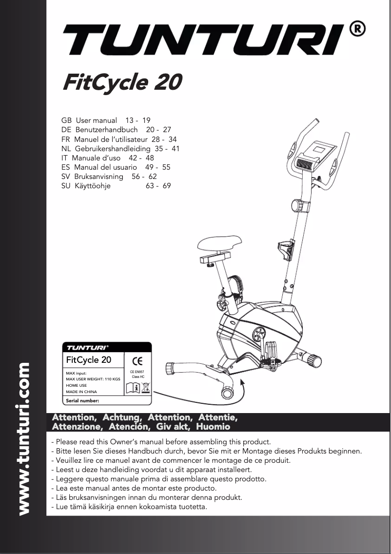 Page n°1 - Manuel utilisateur Tunturi FitCycle 20