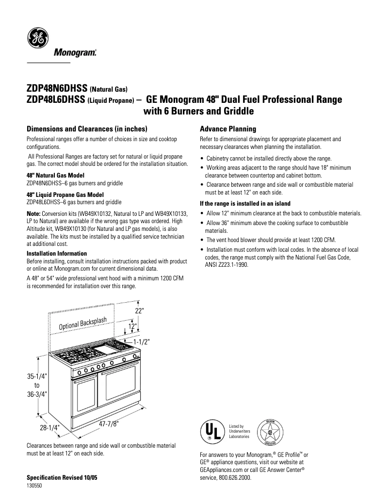 Page n°1 - Fiche technique GE ZDP48N6DHSS