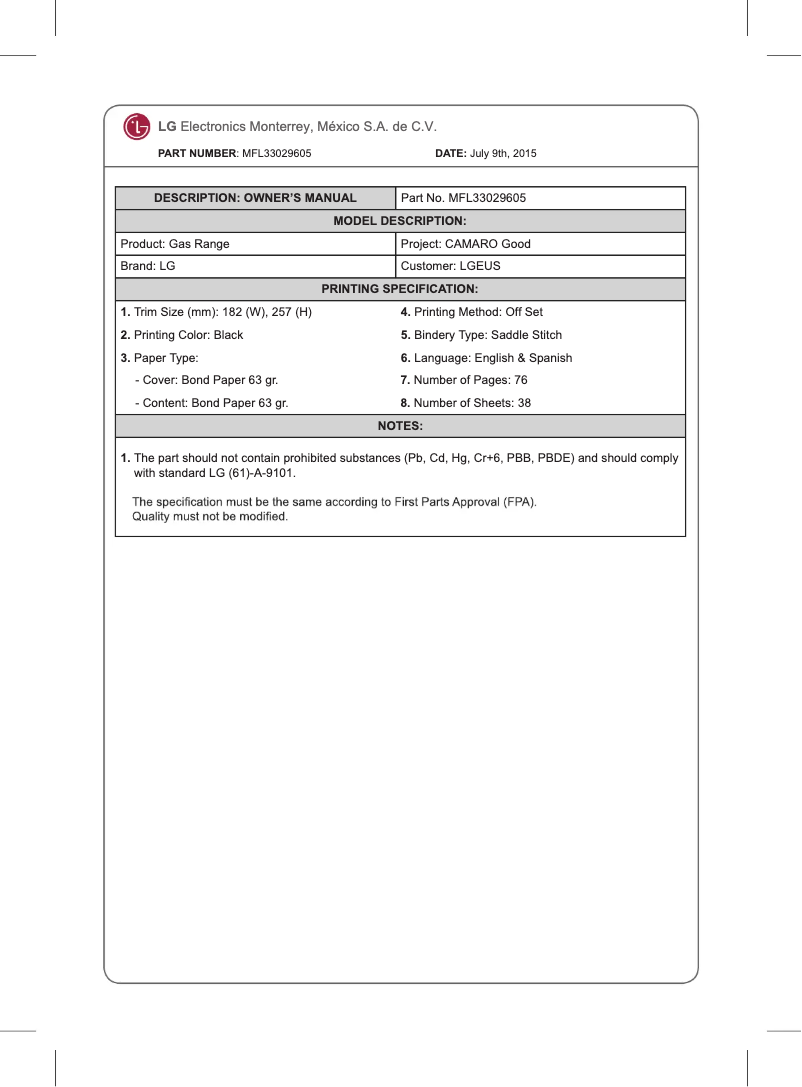 Page n°1 - Manuel utilisateur LG LRG3091SB