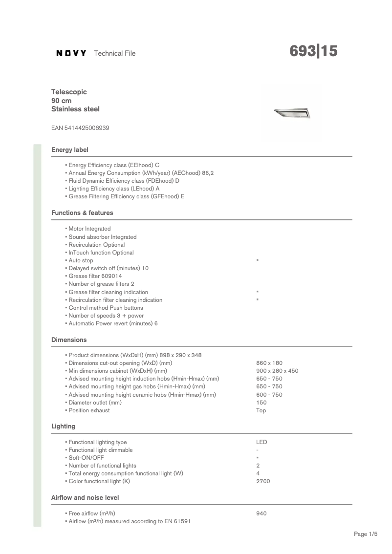 Page 1 de la notice Fiche technique Novy Telescopic Glass 693