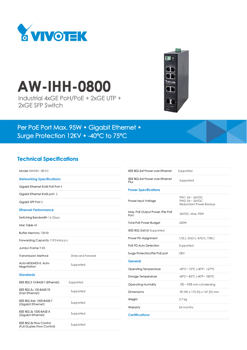 Page 1 de la notice Fiche technique Vivotek AW-IHH-0800