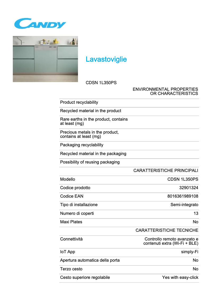 Page 1 de la notice Fiche technique Candy CDSN 1L350PS