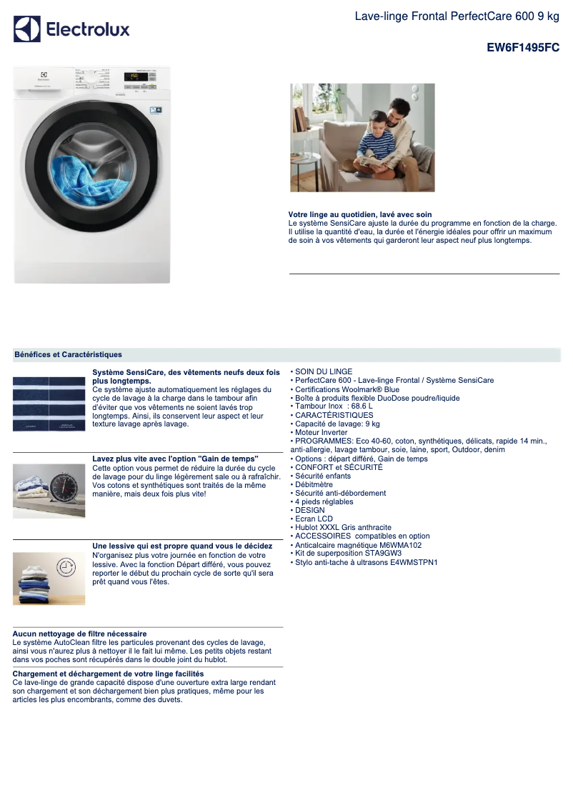 Page 1 de la notice Fiche technique Electrolux EW6F1495FC
