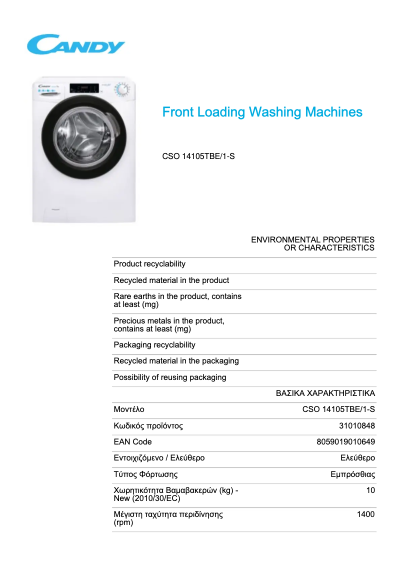 Page 1 de la notice Fiche technique Candy CSO 14105TBE/1-S
