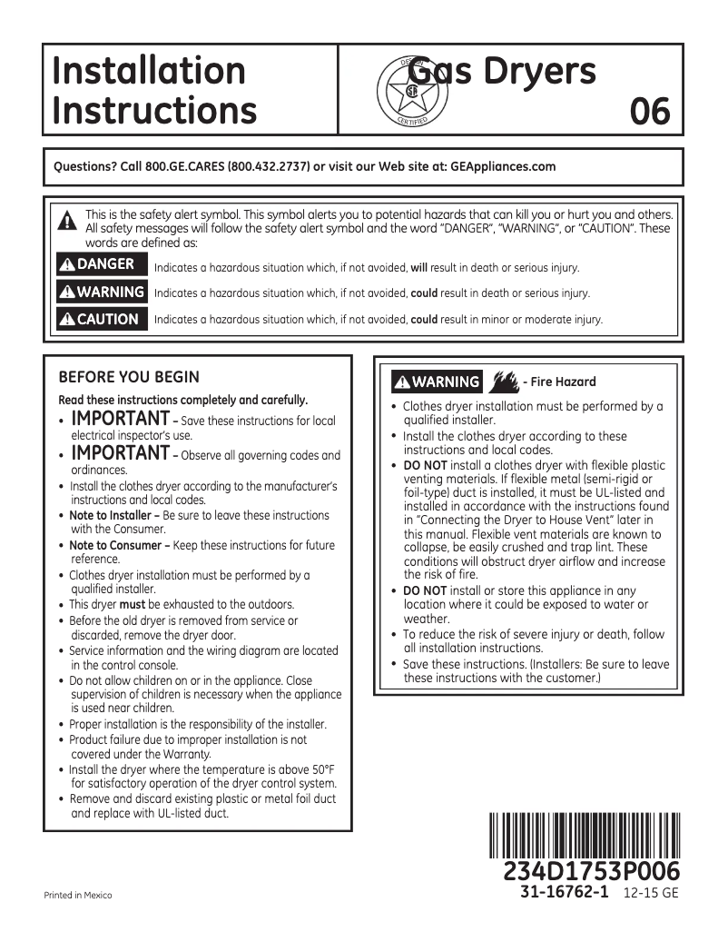 Page 1 de la notice Guide d'installation GE GTD81GSPJMC