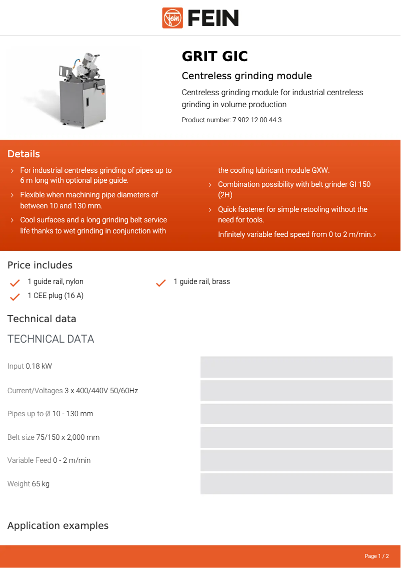 Página 1 del manual Ficha técnica Fein GRIT GIC