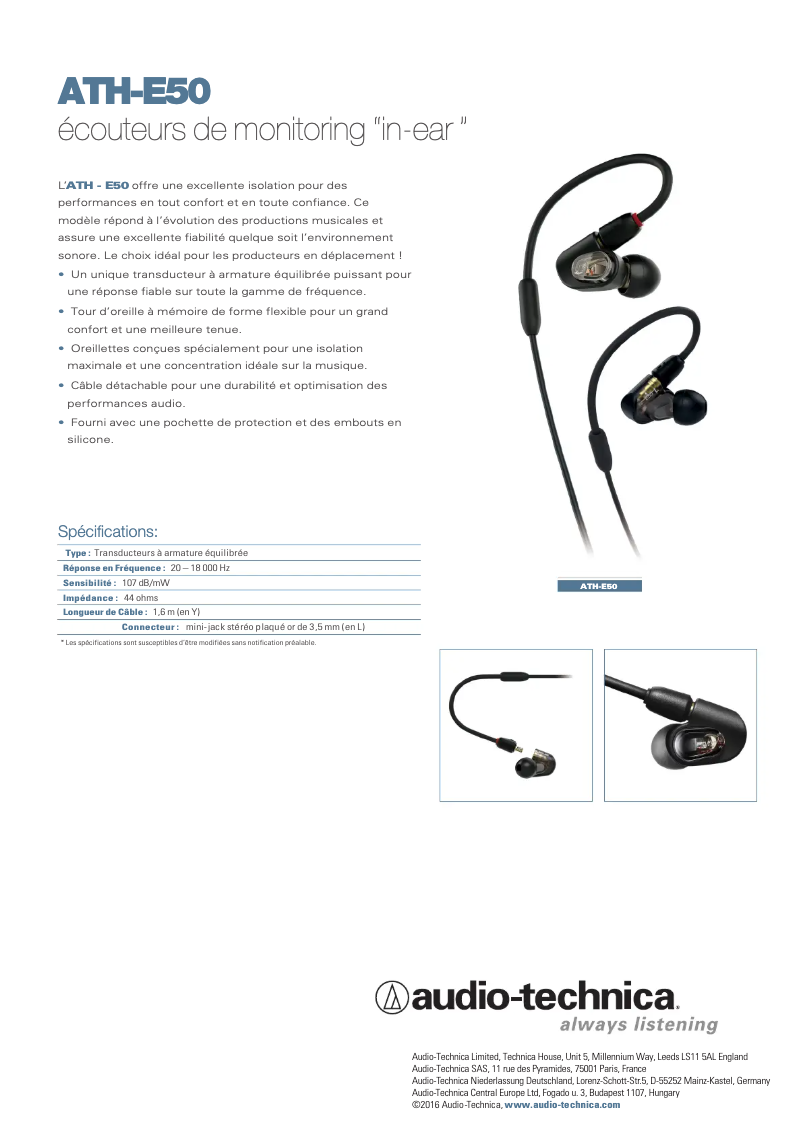 Página 1 del manual Ficha técnica Audio-Technica ATH-E50